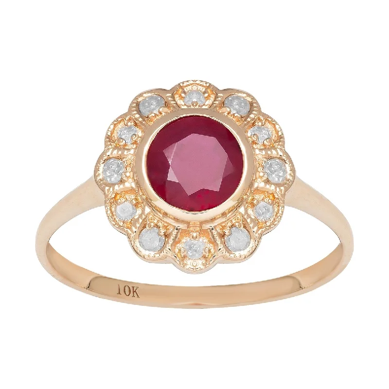 Women’s pinky ring-Viducci 10k Yellow Gold Vintage Style Genuine Round Ruby and Diamond Halo Ring