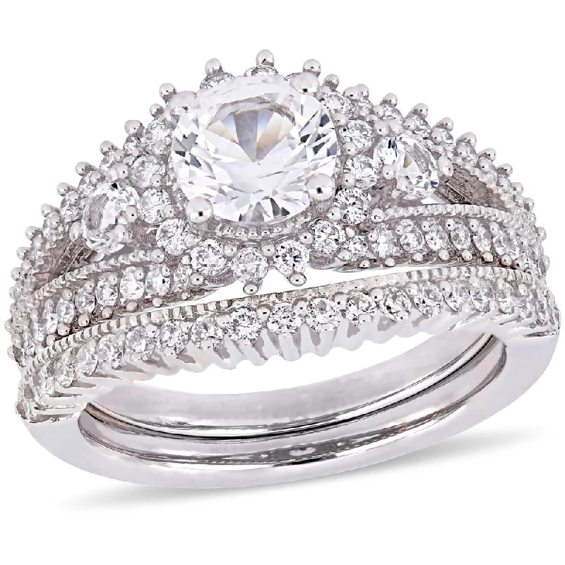 Women’s rose gold ring-Miadora 10k White Gold Created White Sapphire and 4/5ct TDW Diamond Bridal Ring Set