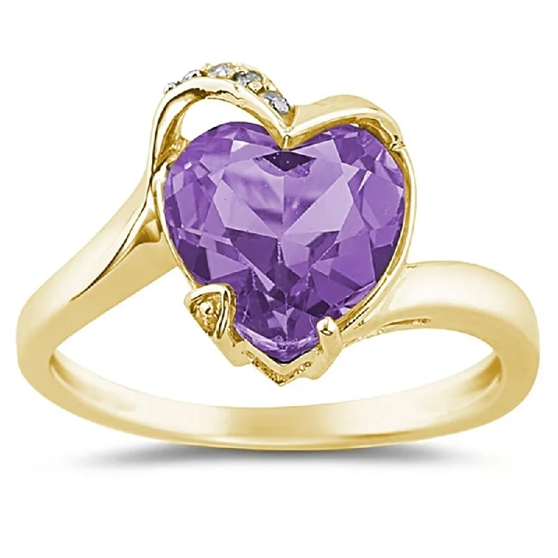 Women’s black diamond ring-Heart Shaped Amethyst and Diamond Curve Ring in 14K Yellow Gold