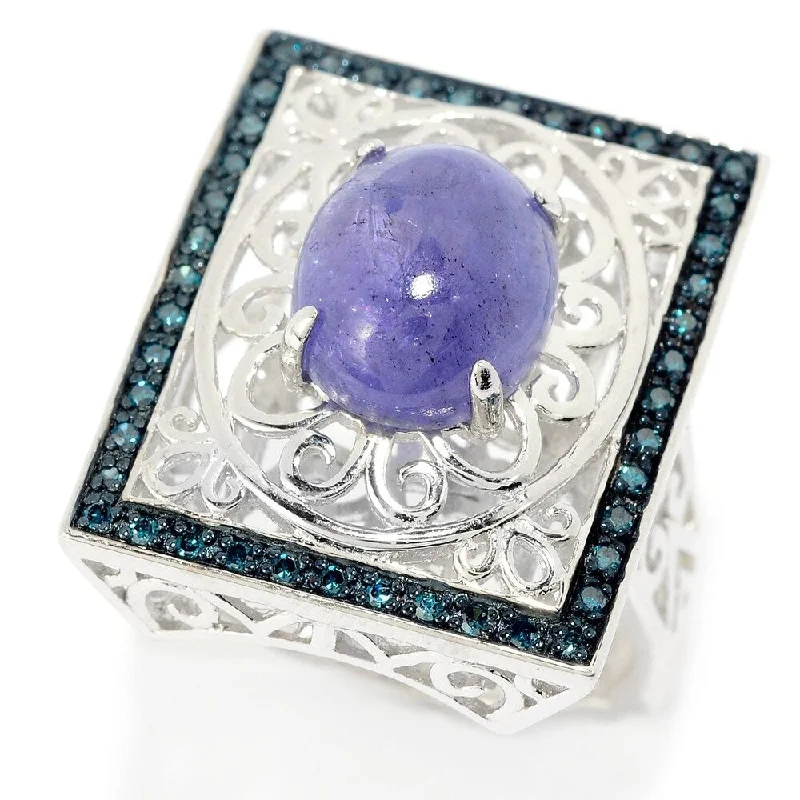 Women’s pinky ring-Sterling Silver 11 x 9mm Tanzanite & Blue Diamond Filigree Ring