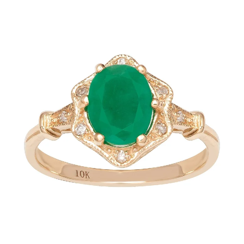 Women’s ring set-Viducci 10k Yellow Gold Vintage Style Genuine Oval Emerald and Diamond Halo Ring