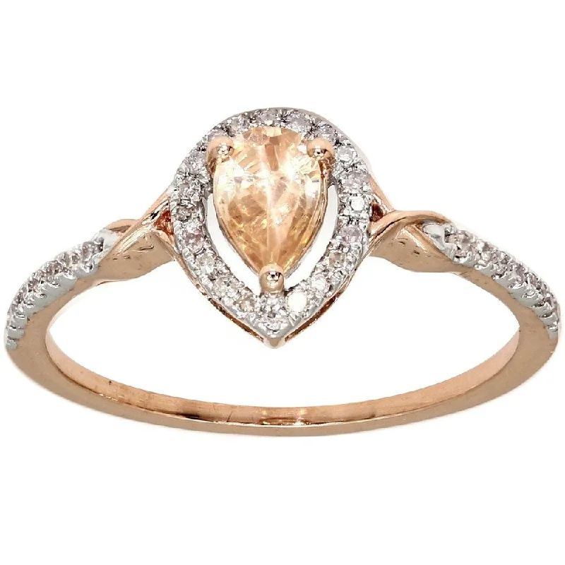 Women’s two-tone ring-Pompeii3 10k Rose Gold 3/4 Ct. TDW Pear Shape Morganite & Diamond Halo Anniversary Ring