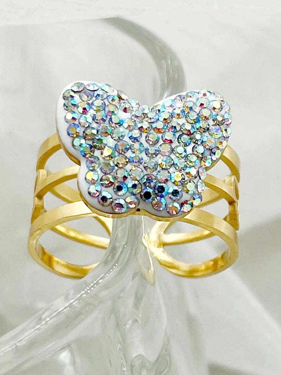 Women’s custom ring-Nordic Style Glam Butterfly Stainless Steel Gold Plated Rhinestones Open Ring In Bulk