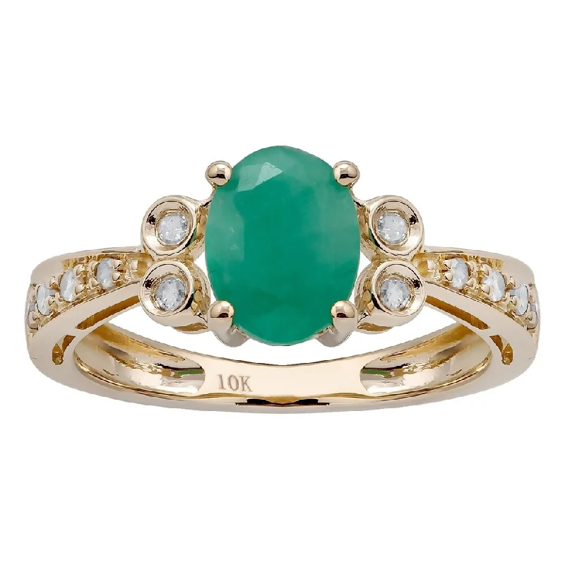 Women’s large statement ring-Viducci 10k Yellow Gold Vintage Style Emerald and Diamond Ring (G-H, I1-I2)