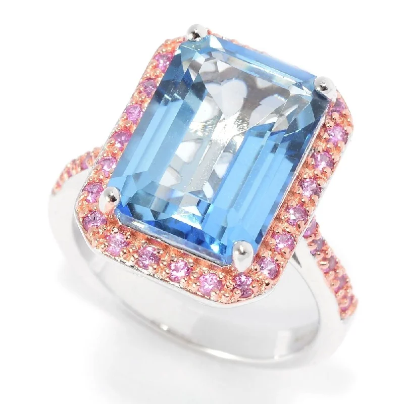 Women’s emerald-cut diamond ring-Sterling Silver Two-tone 8.92ctw Aquamarine Blue Topaz & Pink Sapphire Halo Ring