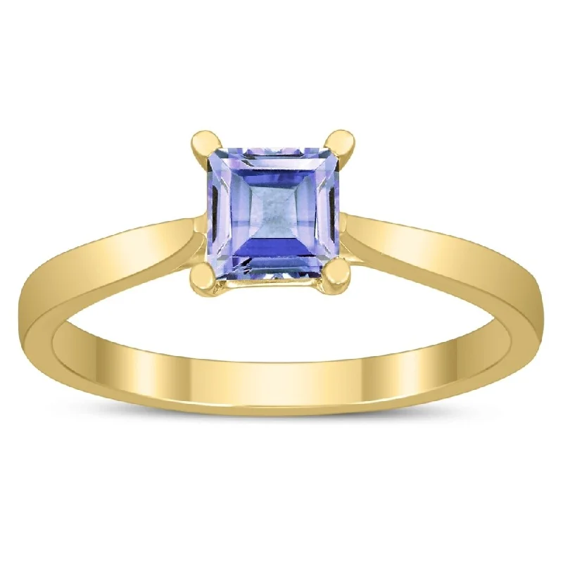 Women’s personalized name ring-Square Princess Cut 5MM Tanzanite Solitaire Ring in 10K Yellow Gold