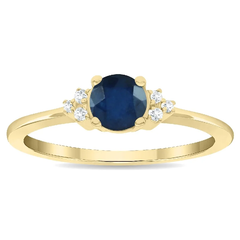 Women’s personalized ring-Women's Round Shaped Sapphire and Diamond Half Moon Ring in 10K Yellow Gold