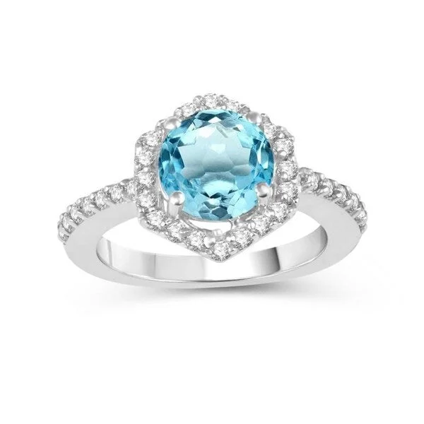 Women’s ruby ring-Sterling Silver with Sky Blue Topaz and White Topaz Hexagon Halo Ring