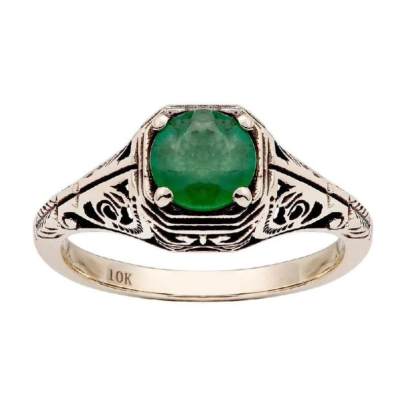 Women’s custom ring-Viducci 10k Yellow Gold Vintage Style Genuine Round Emerald Filigree Ring