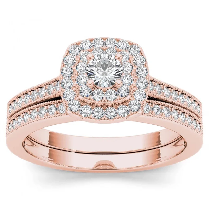 Women’s wedding set ring-De Couer IGI Certified 14k Rose Gold 1/2ct TDW Diamond Double Halo Bridal Ring Set