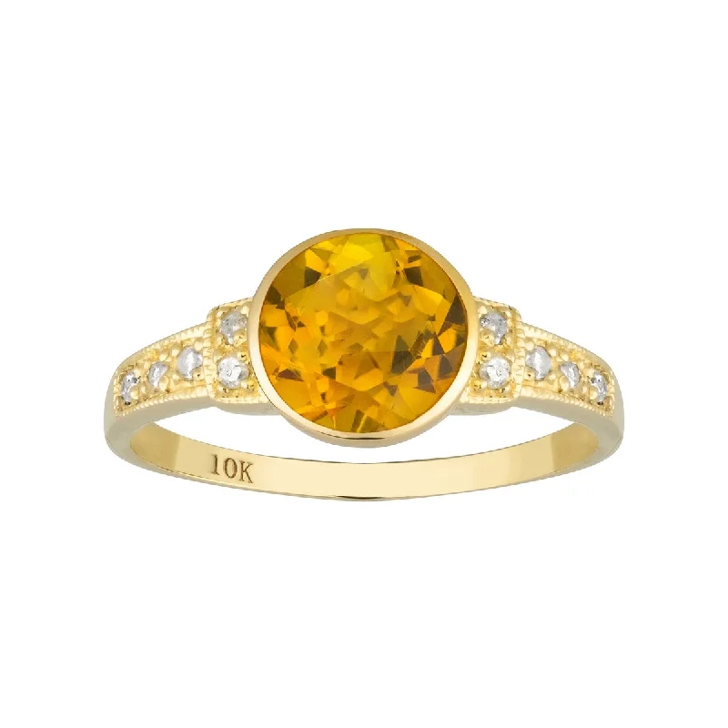 Women’s large statement ring-Viducci 10k Yellow Gold Vintage Style Genuine Round Citrine and Diamond Ring