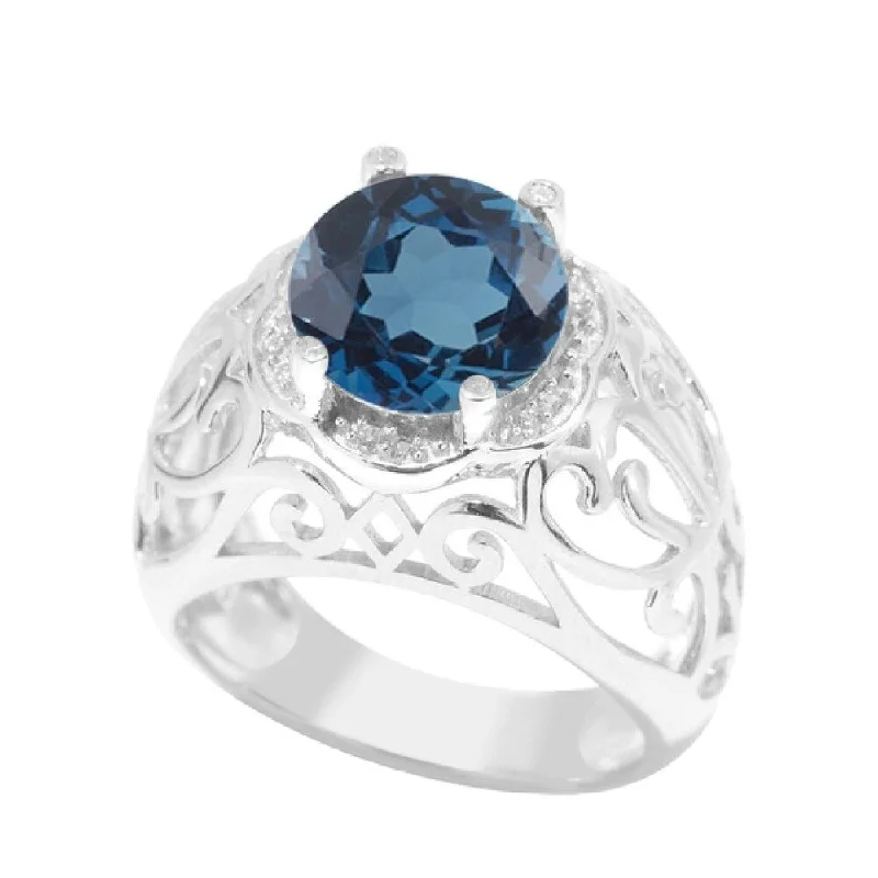 Women’s large gemstone ring-Sterling Silver with Natural London Blue Topaz and White Zircon Scrollwork Ring