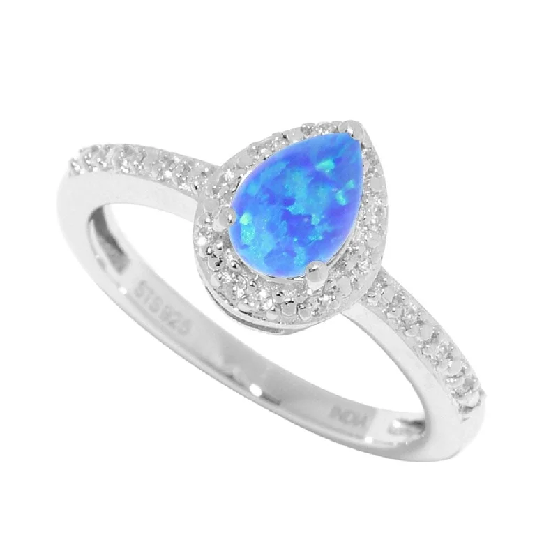 Women’s vintage platinum ring-Sterling Silver with Blue Opal and Natural White Zircon Halo Teardrop Ring