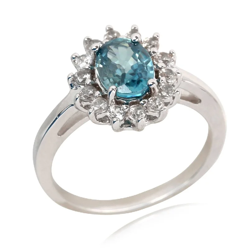 Women’s three-stone ring-925 Sterling Silver Blue Zircon and White Natural Zircon Ring