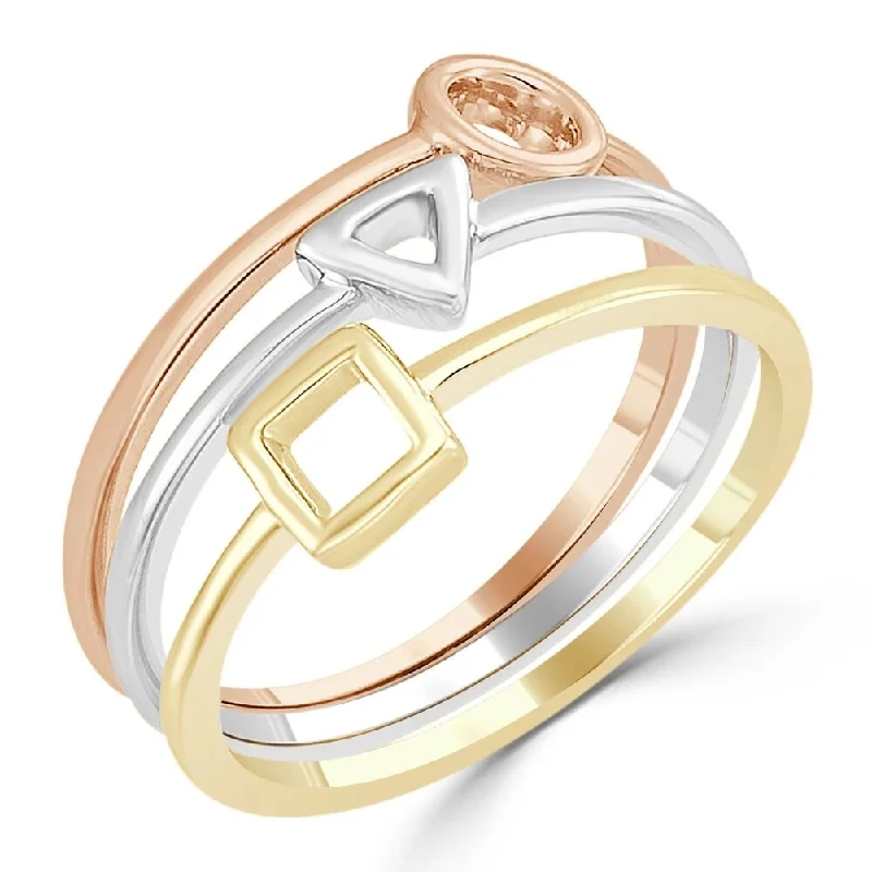 Women’s birthstone wedding ring-Auriya 10k Tri-Color Gold Geometric Triple Band Stacked Ring