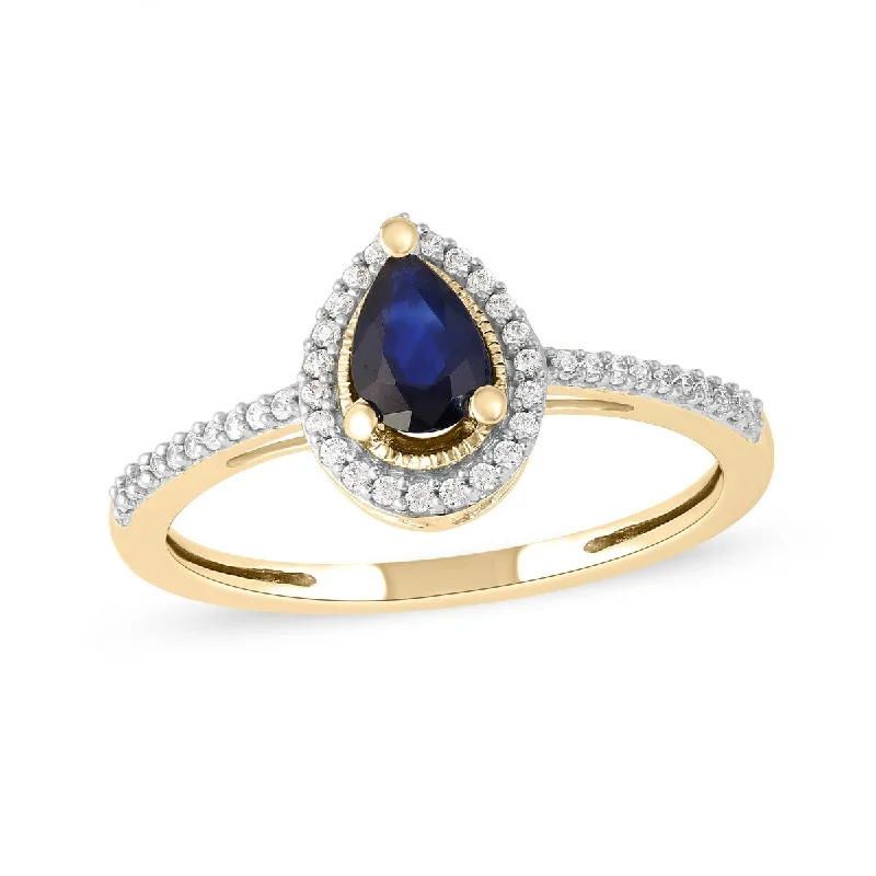 Women’s sparkling diamond ring-Blue Sapphire Gemstone 1/10ct Diamond Halo Ring in 10k Gold by De Couer