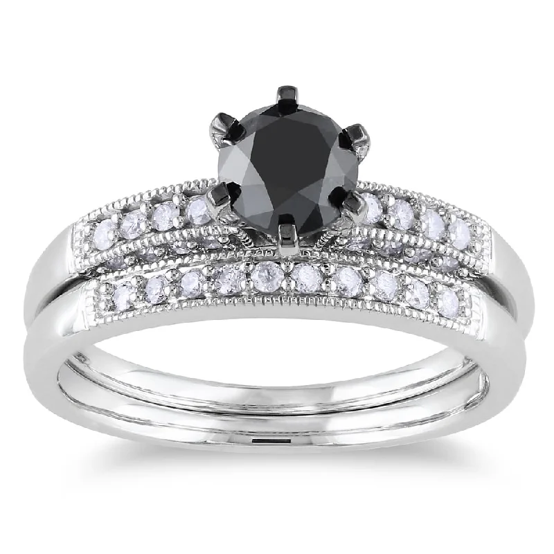 Women’s thick band ring-Miadora 10k White Gold 1 1/3ct TDW Black and White Diamond Bridal Ring Set