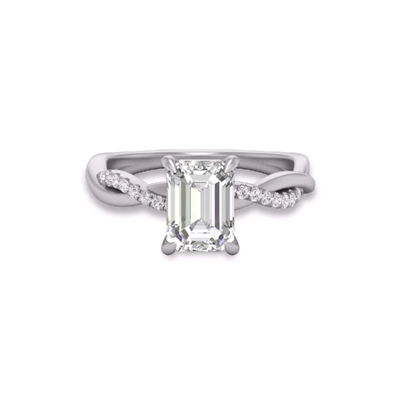 Women’s princess-cut ring-Marquee Agatha Twisted Pave Ring with IGI Certified 3 Carat Lab-Grown Emerald Cut Diamond in 14K White Gold