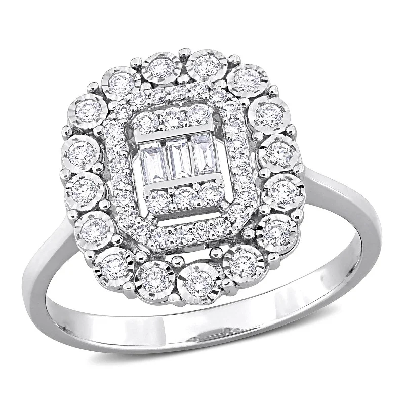 Women’s large statement ring-Miadora 1/2ct TDW Parallel Baguette Diamonds Octagon Halo Cluster Ring in 14k White Gold