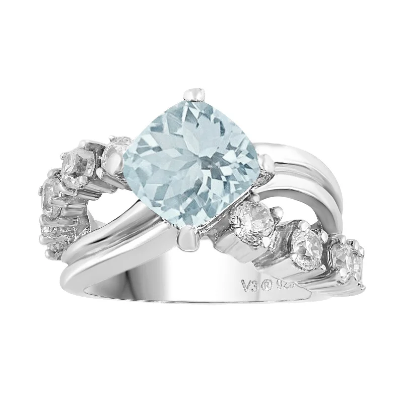 Women’s stackable wedding rings-Sterling Silver with Natural Aquamarine and White Topaz Halo Ring