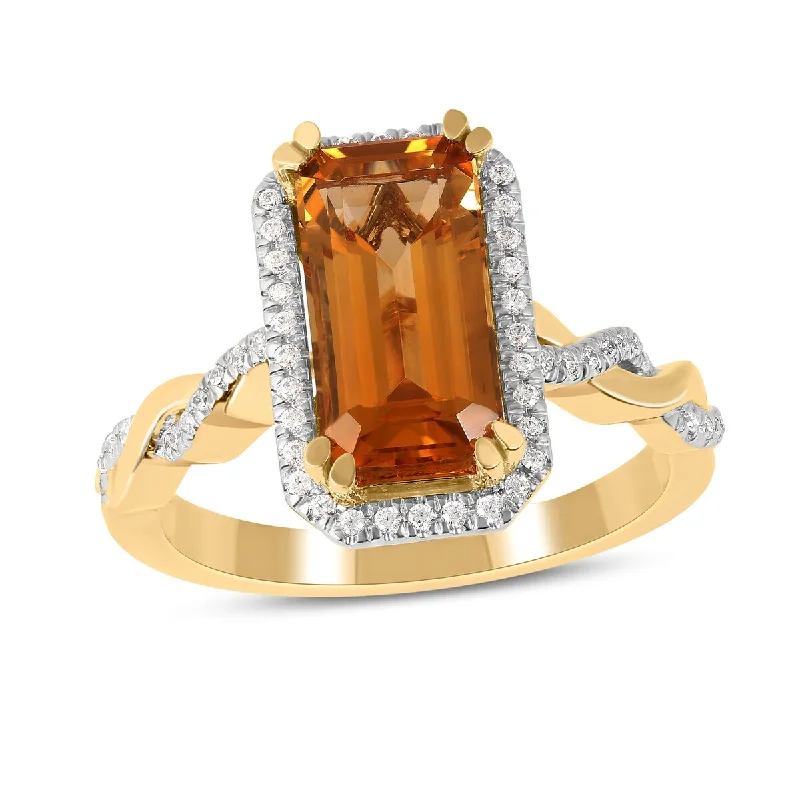 Women’s diamond halo ring-Citrine Gemstone 1/5ct TDW Diamond Halo Ring in 10k Yellow Gold by De Couer