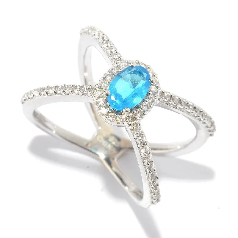 Women’s floral design ring-Platinum Vermeil "X" Halo Apatite Ring