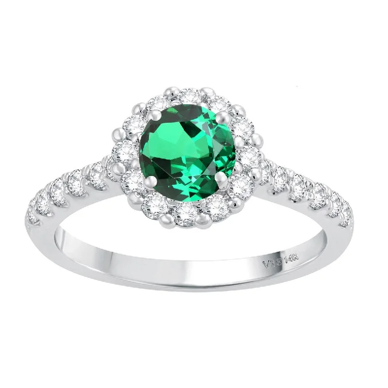 Women’s open ring-1.35ct Emerald and White Diamond Halo Ring in White Gold