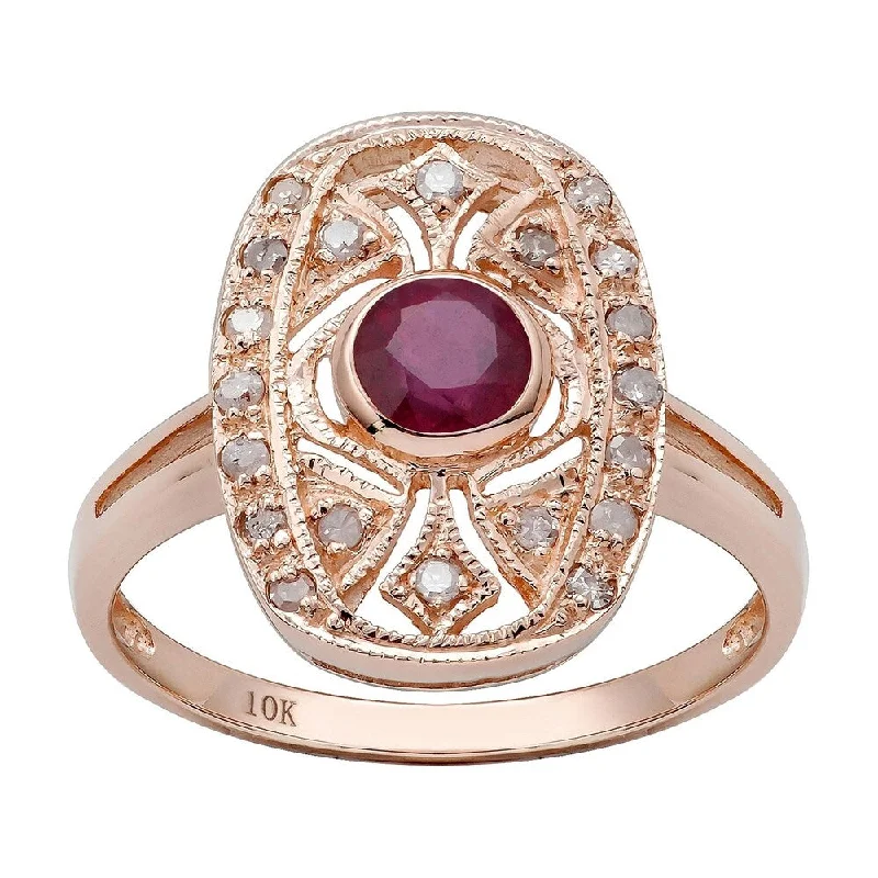 Women’s pinky ring-Viducci 10k Rose Gold Vintage Style Genuine Round Ruby and Diamond Ring