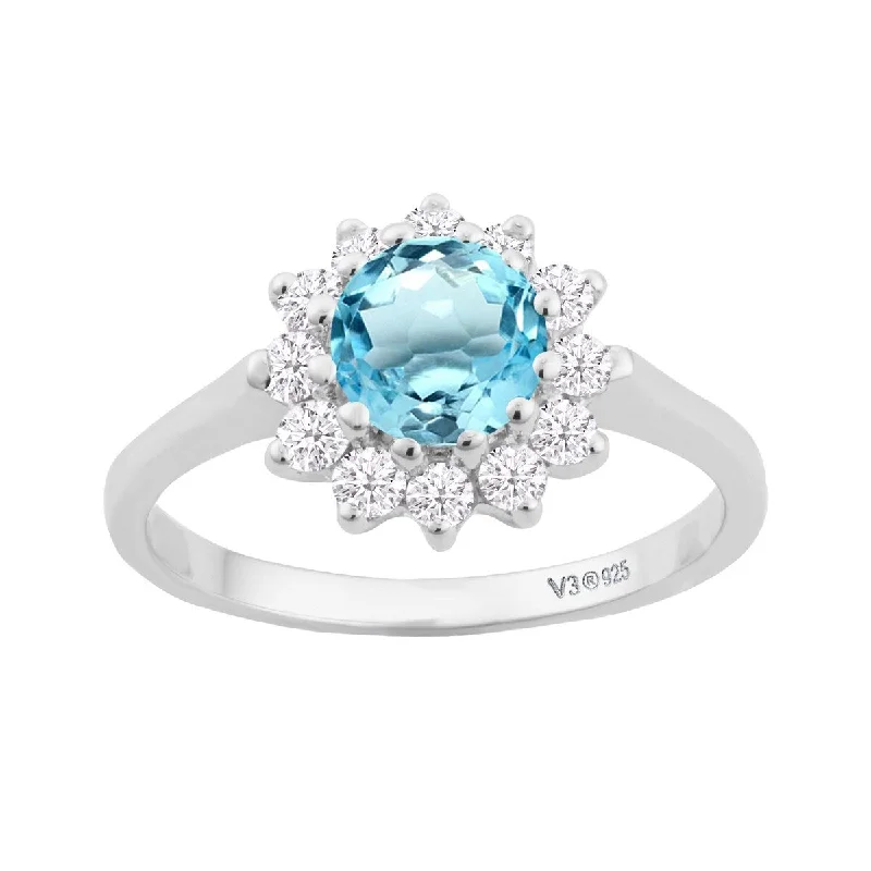 Women’s round diamond ring-Sterling Silver with Natural Sky Blue Topaz and White Topaz Halo Ring