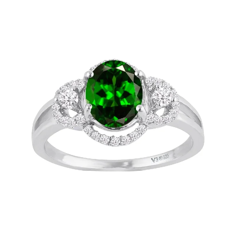 Women’s high-quality gold ring-Sterling Silver with Natural Chrome Diopside & White Zircon Halo Ring