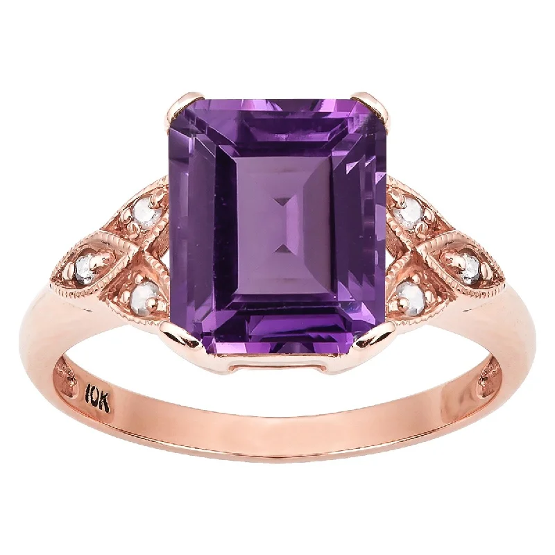 Women’s large gemstone ring-Viducci 10k Rose Gold Vintage Style Genuine Amethyst and Diamond Ring