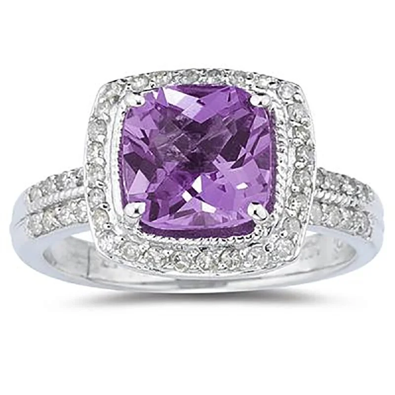 Women’s infinity ring-2 1/2 Carat Cushion Cut Amethyst & Diamond Ring in 14K White Gold