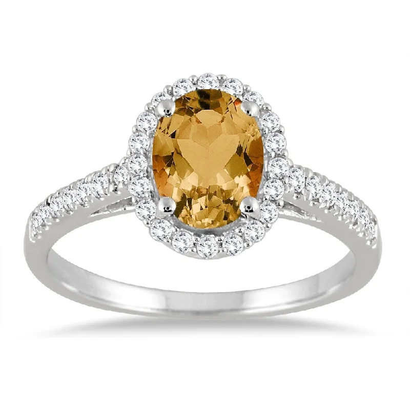 Women’s modern band ring-Citrine and Diamond Halo Ring in 10K White Gold