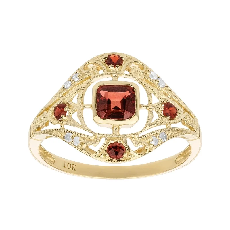 Women’s open ring-Viducci 10k Yellow Gold Vintage Style Genuine Garnet and Diamond Ring