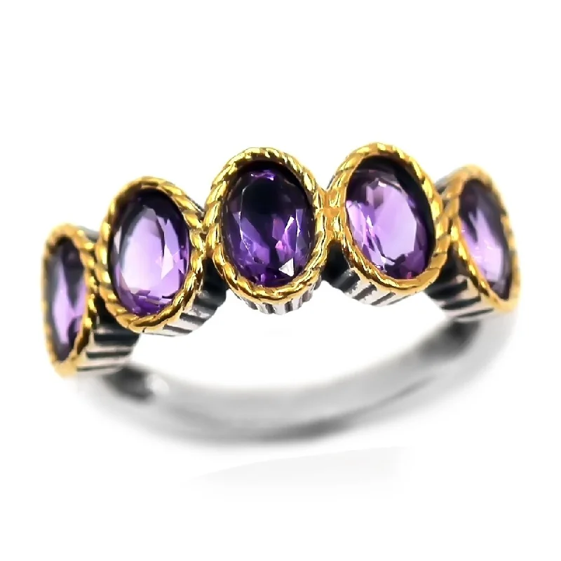 Women’s solitaire gold ring-925 Sterling Silver African Amethyst 5-Stone Ring