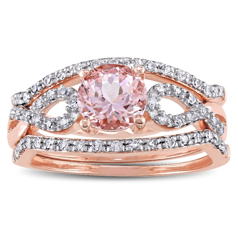 Women’s handmade ring-Miadora Signature Collection 10k Rose Gold Morganite and 1/5ct TDW Diamond Infinity Bridal Ring Set - Pink