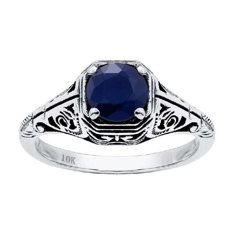 Women’s high-quality gold ring-Viducci 10k White Gold Vintage Style Genuine Round Sapphire Filigree Ring