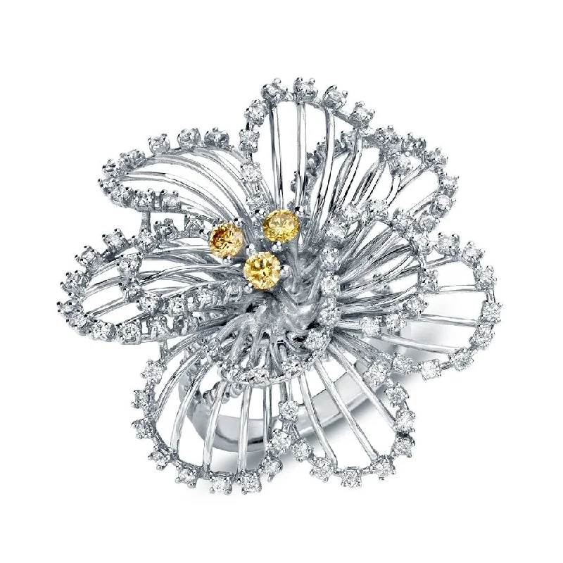 Women’s multi-stone ring-Auriya Flower Shaped 1 1/3ct TDW Yellow and White Diamond Cocktail Ring 14k White Gold