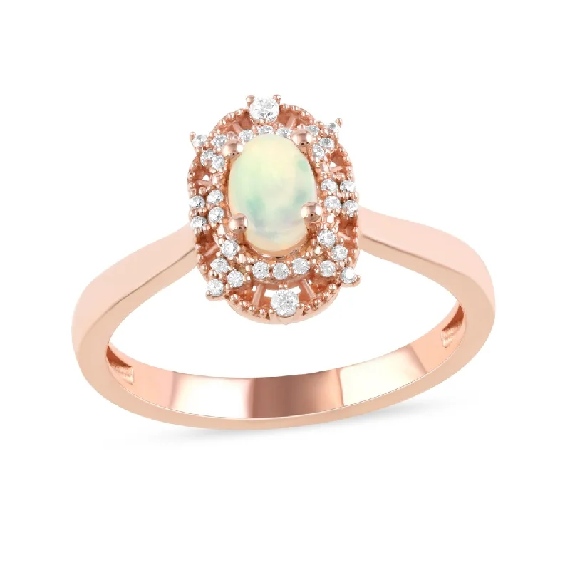 Women’s custom ring-Opal Gemstone 1/10ct TDW Diamond Halo Ring in 10k Rose Gold