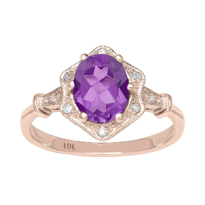 Women’s unique diamond ring-Viducci 10k Rose Gold Vintage Style Genuine Oval Amethyst and Diamond Halo Ring