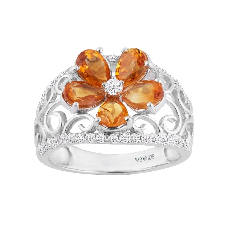 Women’s stackable rings-Sterling Silver with Natural Citrine and White Zircon Flower Ring