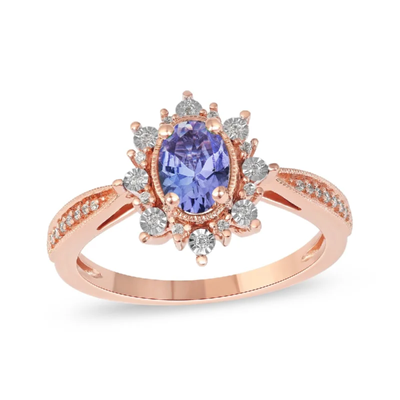 Women’s solitaire ring-1/10ct TDW Diamond and Tanzanite Gemstone Halo Ring in 10k Rose Gold