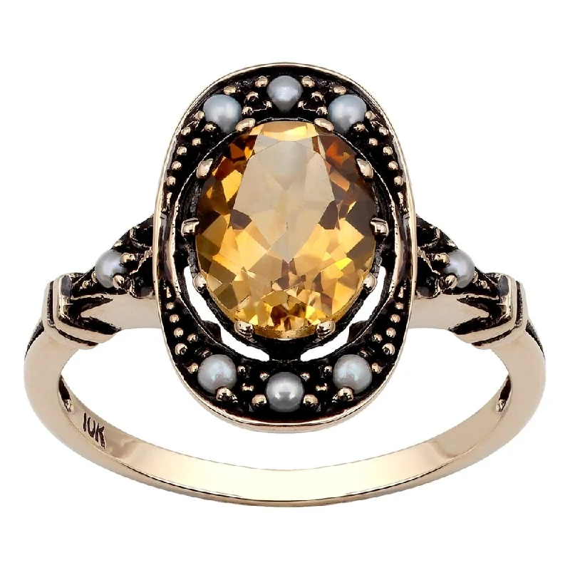 Women’s solitaire gold ring-Viducci 10k Yellow Gold Vintage Style Genuine Citrine and Pearl Ring