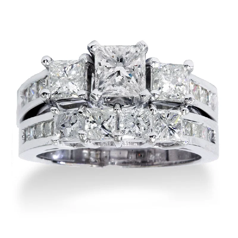 Women’s diamond ring-14k White Gold 3.5ct TDW Princess-cut Diamond 3-Stone Bridal Ring Set