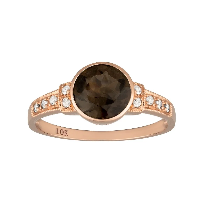 Women’s vintage silver ring-Viducci 10k Rose Gold Vintage Style Genuine Round Smoky Quartz and Diamond Ring