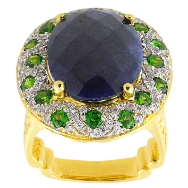 Women’s gemstone wedding ring-Sterling Silver 13 1/4 ctw Blue Sapphire, White Zircon and Chrome Diopside Ring