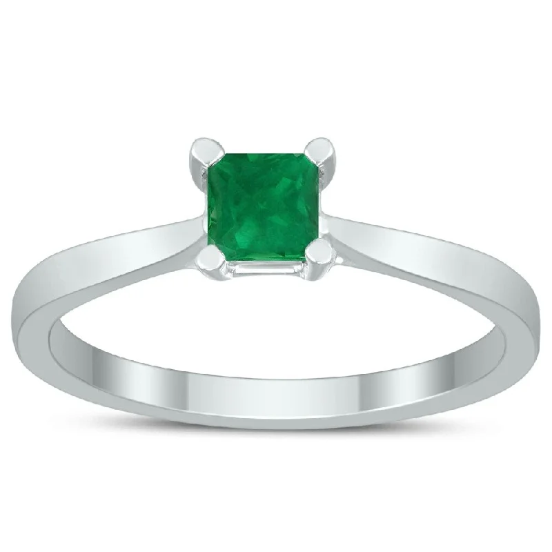 Women’s diamond halo ring-Square Princess Cut 4MM Emerald Solitaire Ring in 10K White Gold