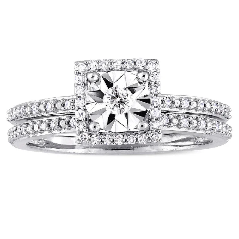 Women’s adjustable gemstone ring-Miadora Signature Collection 10k White Gold 1/4ct TDW Diamond Square Halo Bridal Ring Set