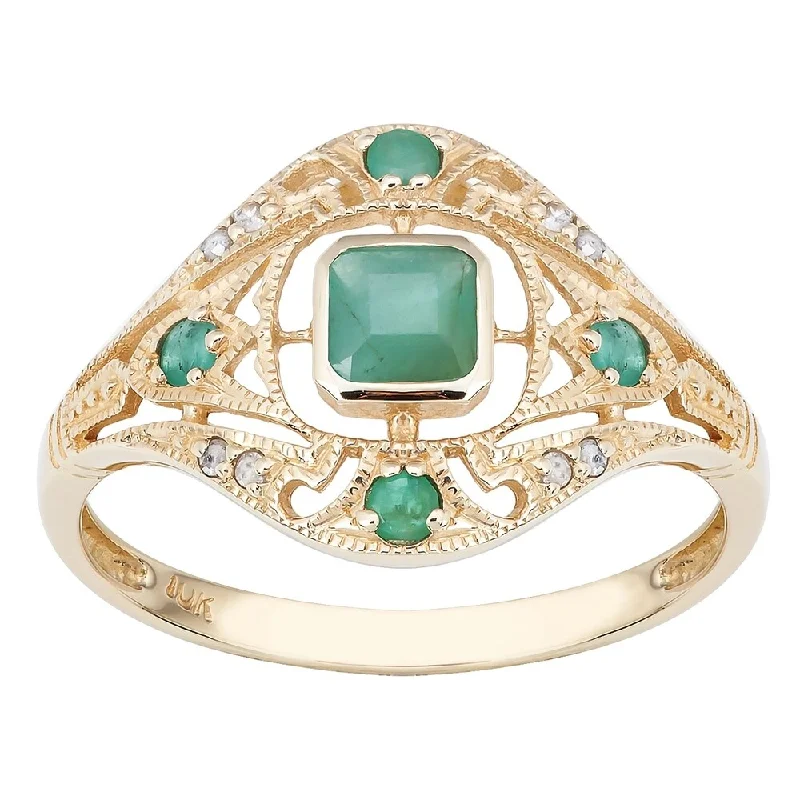 Women’s pearl ring-Viducci 10k Yellow Gold Vintage Style Genuine Emerald and Diamond Ring