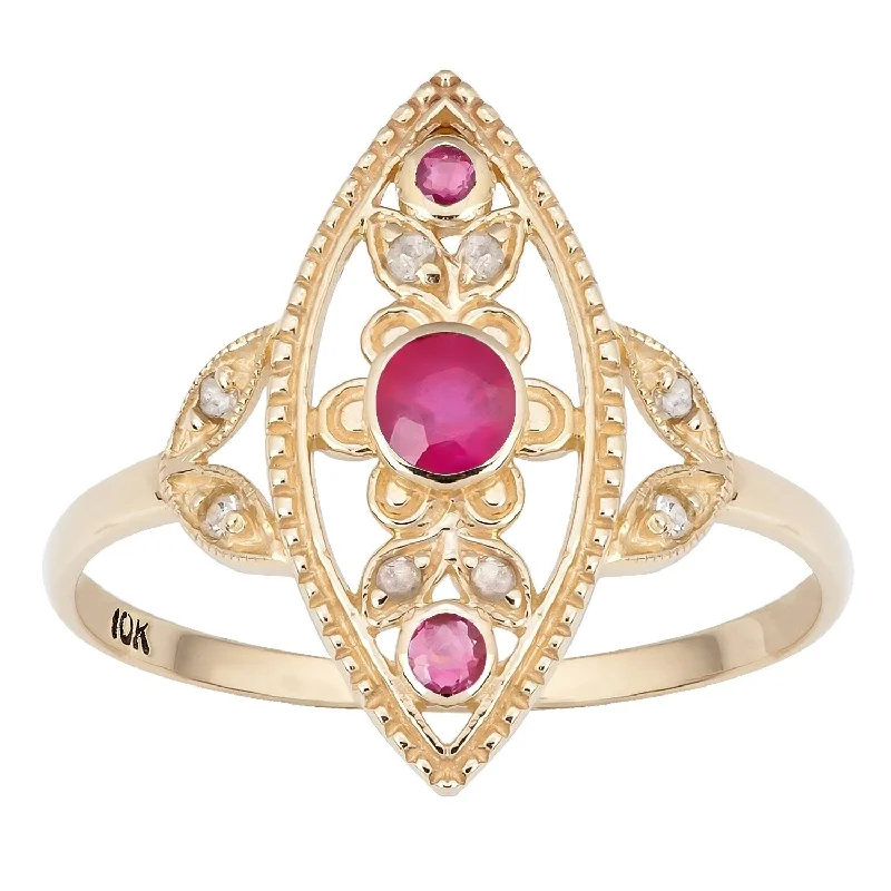 Women’s round diamond ring-Viducci 10k Yellow Gold Vintage Style Genuine Ruby and Diamond Ring